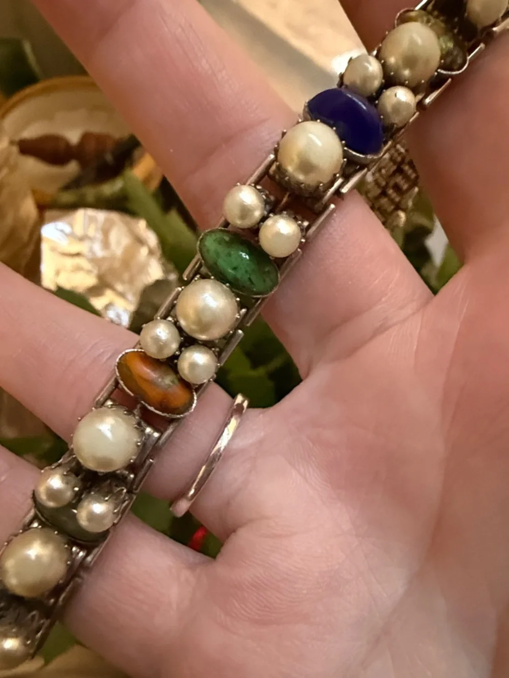 Elegant Antique Rare Multi-Color Faux Pearl and Cabochon Stretch Bracelet